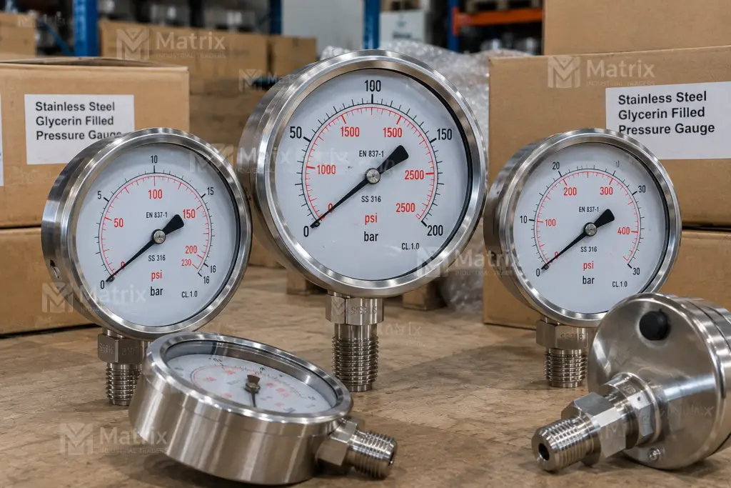 all stainless steel glycerin filled industrial pressure gauge