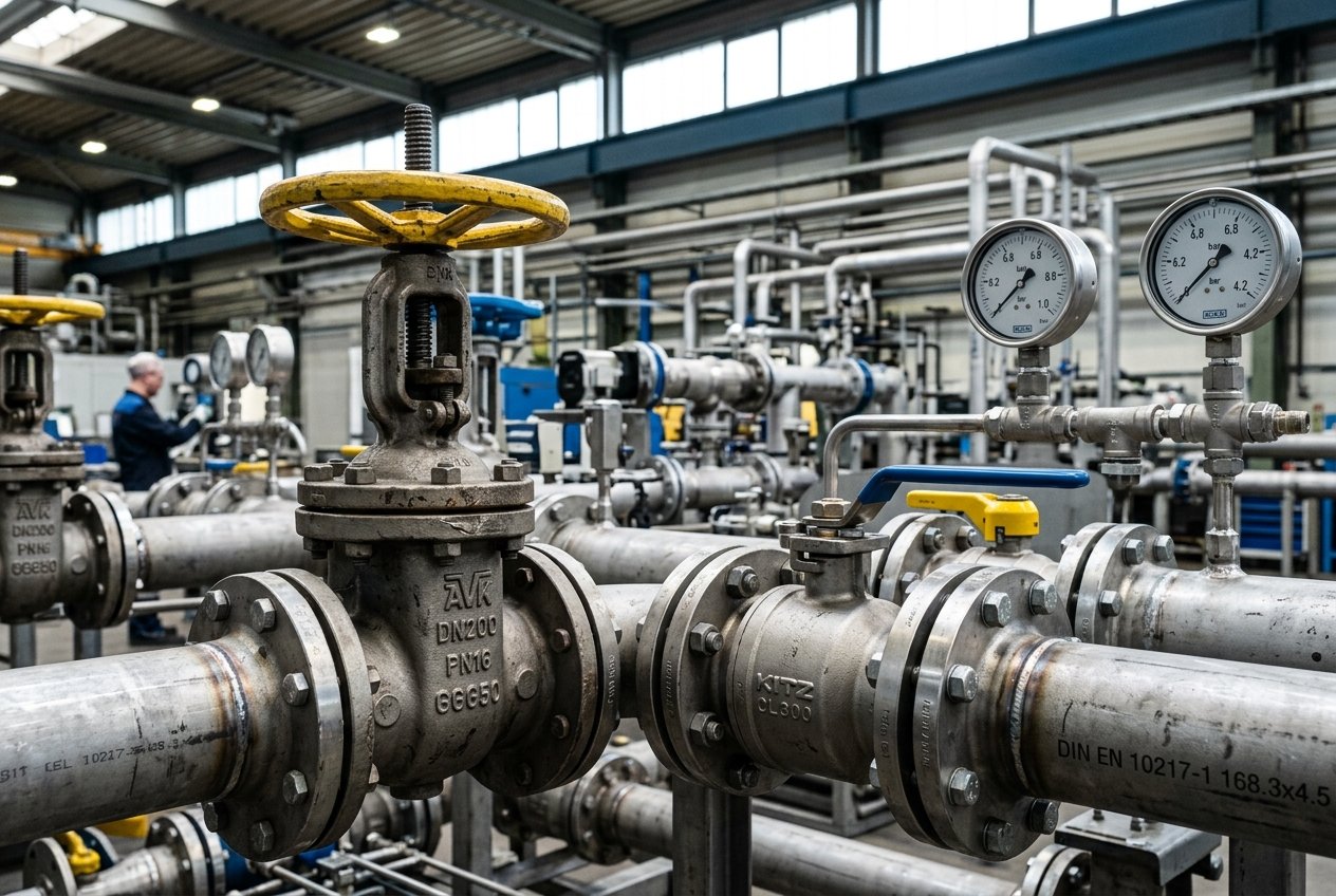 Heavy-duty industrial valves and piping equipment in manufacturing facility