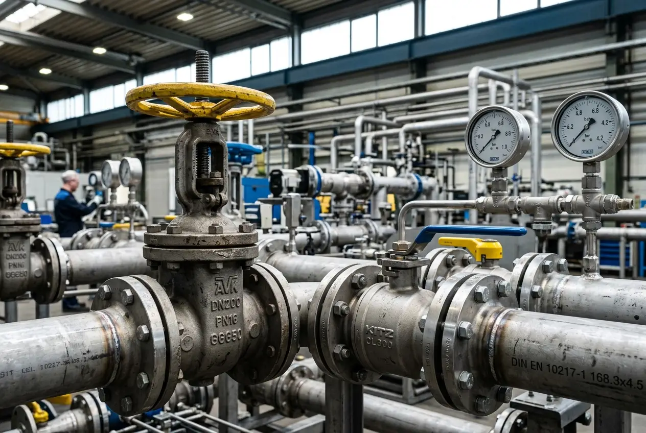 Heavy-duty industrial valves and piping equipment in manufacturing facility